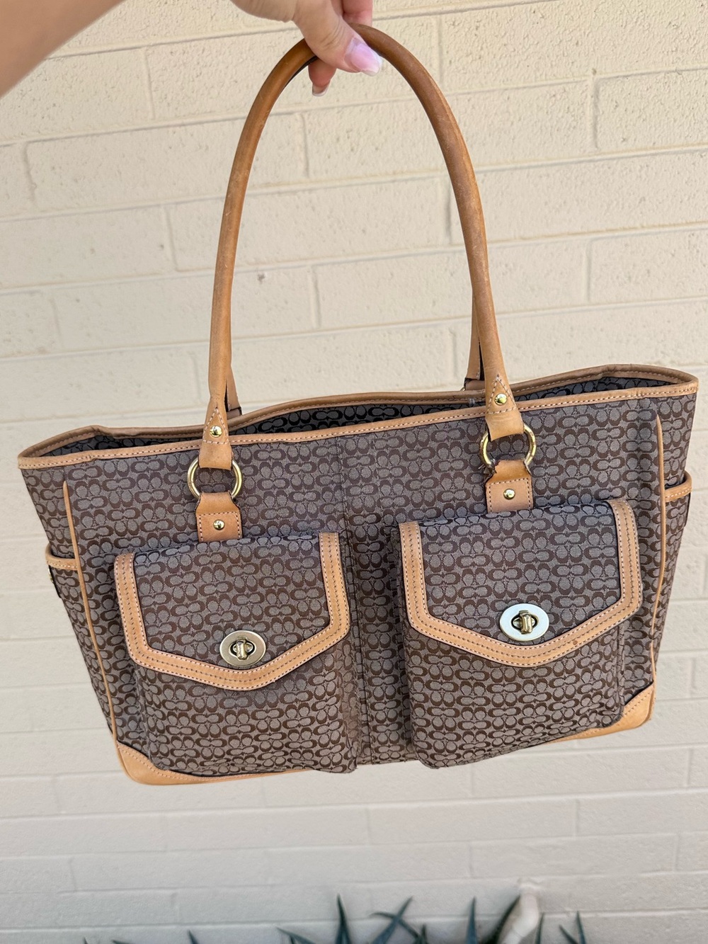 Coach tote Brown Signature Canvas Tote with Tan Trim
